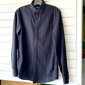 Black long sleeve button-down with small blue gray pinstripes. Men’s size S